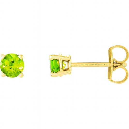 14K yellow gold stud earrings featuring vibrant round-cut peridot gemstones in a four-prong setting, shown from both front and side angles on a white background.
