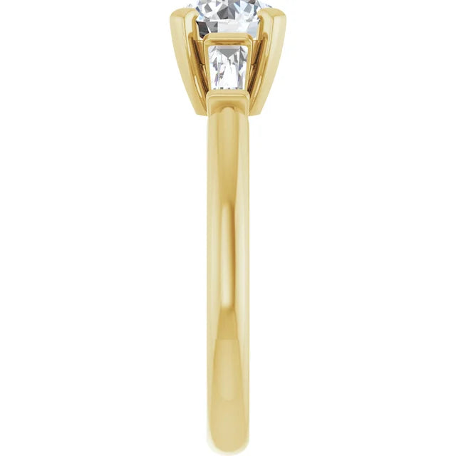 1 CT Weight Round and tapered baguette three Stone Diamond Engagement Ring for Women showing shank from the side