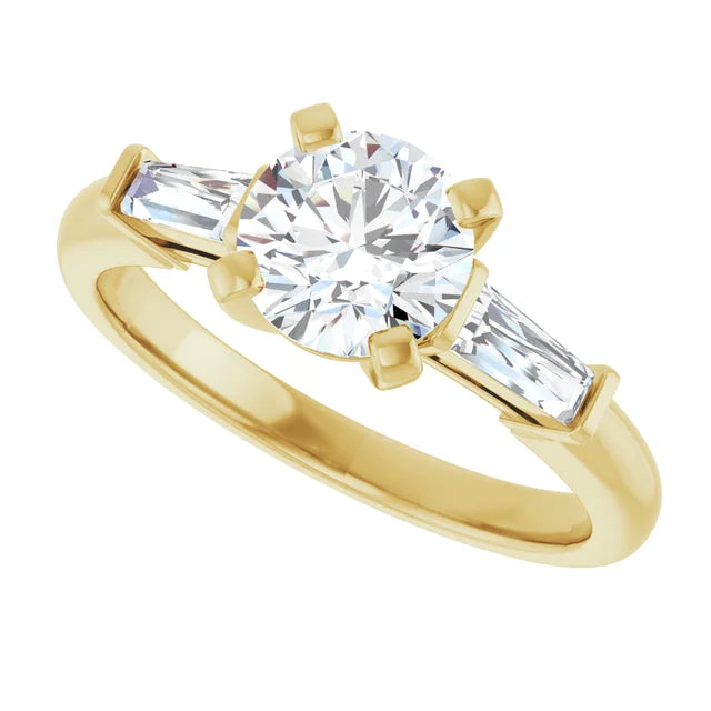 1 CT Weight Round and tapered baguette three Stone Diamond Engagement Ring for Women Set in Yellow Gold