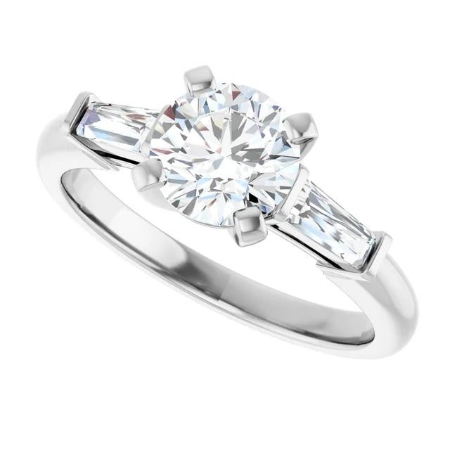 2 CT Weight Round and tapered baguette three Stone Diamond Engagement Ring for Women