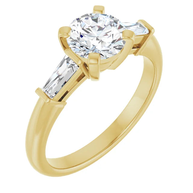 sideway picture for 1 CT Weight Round and tapered baguette three Stone Diamond Engagement Ring for Women Set in Yellow gold