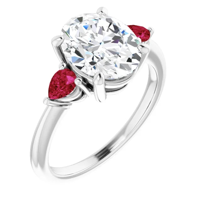 three Stone Oval Diamond and Pear Rubies Side Stone Diamond Engagement Ring 
