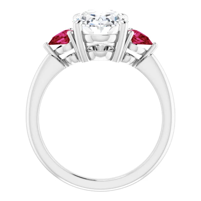 three Stone Oval Diamond and Pear Rubies Side Stone Diamond Engagement Ring on platinum