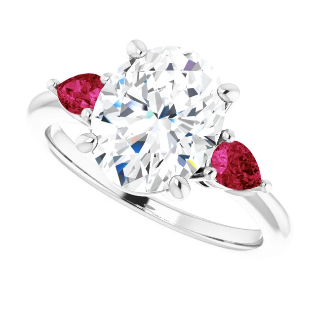 three Stone Oval Diamond and Pear Rubies Side Stone Diamond Engagement Ring sideway picture