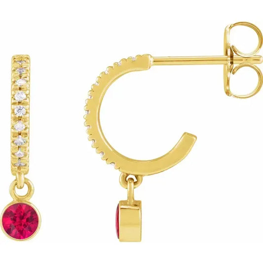 14K Yellow Gold Hoop Earrings with Natural Ruby Drops and French-Set Diamond Accents – 3 MM Bezel-Set Ruby Birthstones, 16.1 MM Diameter, 3.5 MM Thickness