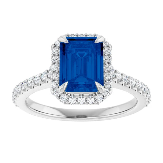 Emerald Cut Natural sapphire and Natural Diamond Halo Style Engagement Ring 