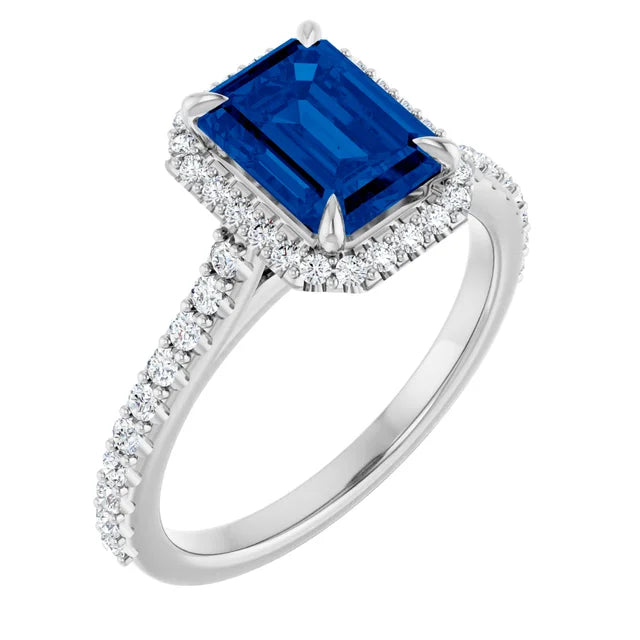 Emerald Cut Natural sapphire and Natural Diamond Halo Style Engagement Ring sideway Picture 