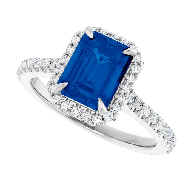 Emerald Cut Natural sapphire and Natural Diamond Halo Style Engagement Ring on 18K White Gold
