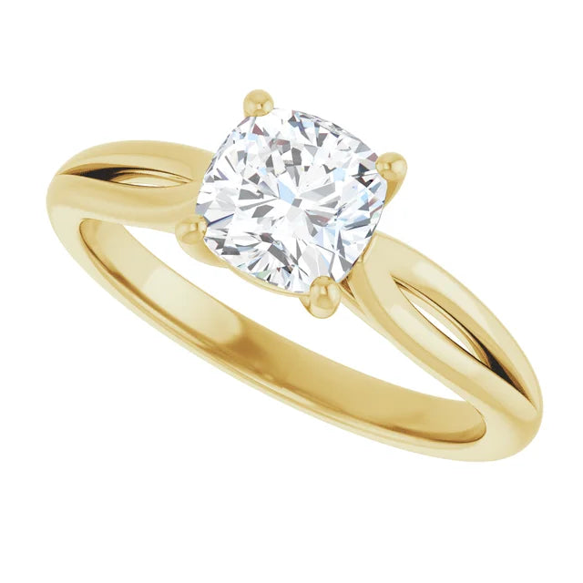 Sideway Picture for 1 CT Split Shank cushion Cut Solitaire Engagement Ring Set in Yellow Gold