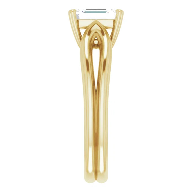 1 CT Split Shank Emerald Cut Diamond Solitaire Engagement Ring for women Set in yellow gold showing split shank from the side 