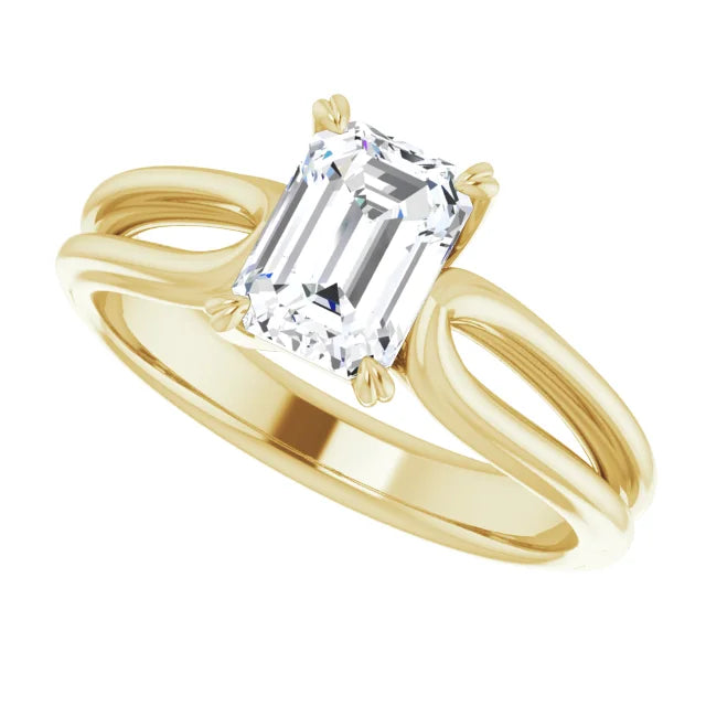 Side Way Picture 1 CT Split Shank Emerald Cut Diamond Solitaire Engagement Ring for women Set in Yellow Gold
