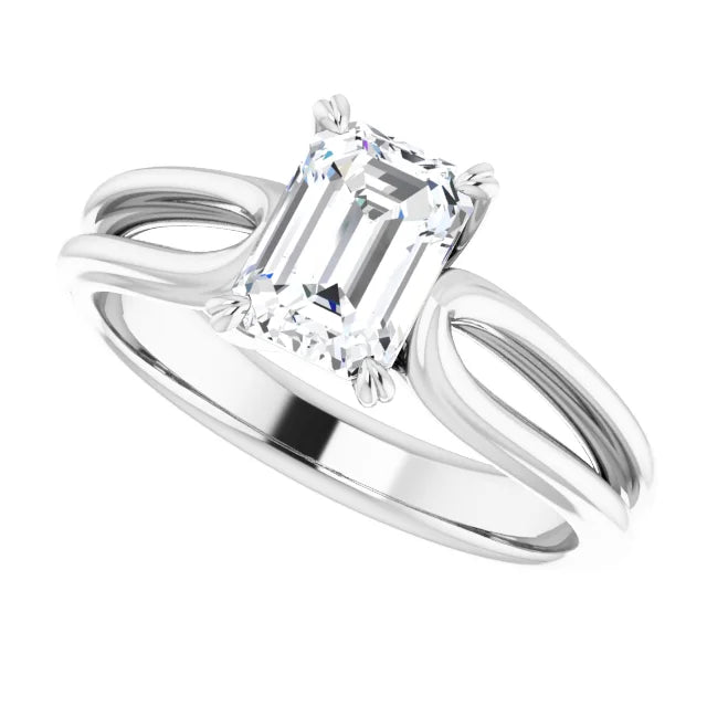 Sideway Picture for 1 CT Split Shank Emerald Cut Diamond Solitaire Engagement Ring for women Set in white gold or Platinum 