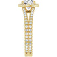 Round diamond engagement ring with French-set accents and a split shank band in Yellow Gold showing diamonds on the shank