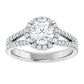Round diamond engagement ring with French-set accents and a split shank band set in Platinum 