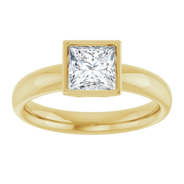 Princess Cut Natural Diamond Engagement Ring 14K Yellow Gold showing center stone