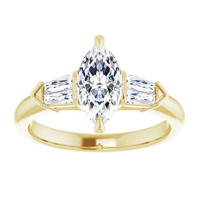 Marquise & Tapered Baguette Diamond Engagement Ring for Women  Made in Yellow Gold