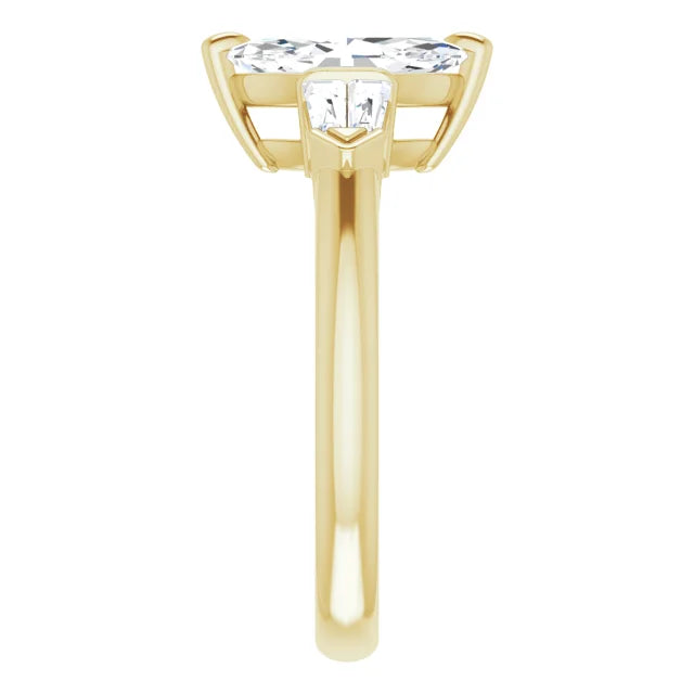 Marquise & Tapered Baguette Diamond Engagement Ring for Women  Set in yellow gold showing shank from the side 