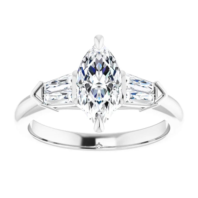 Marquise & Tapered Baguette Diamond Engagement Ring for Women  Set in white gold or platinum 