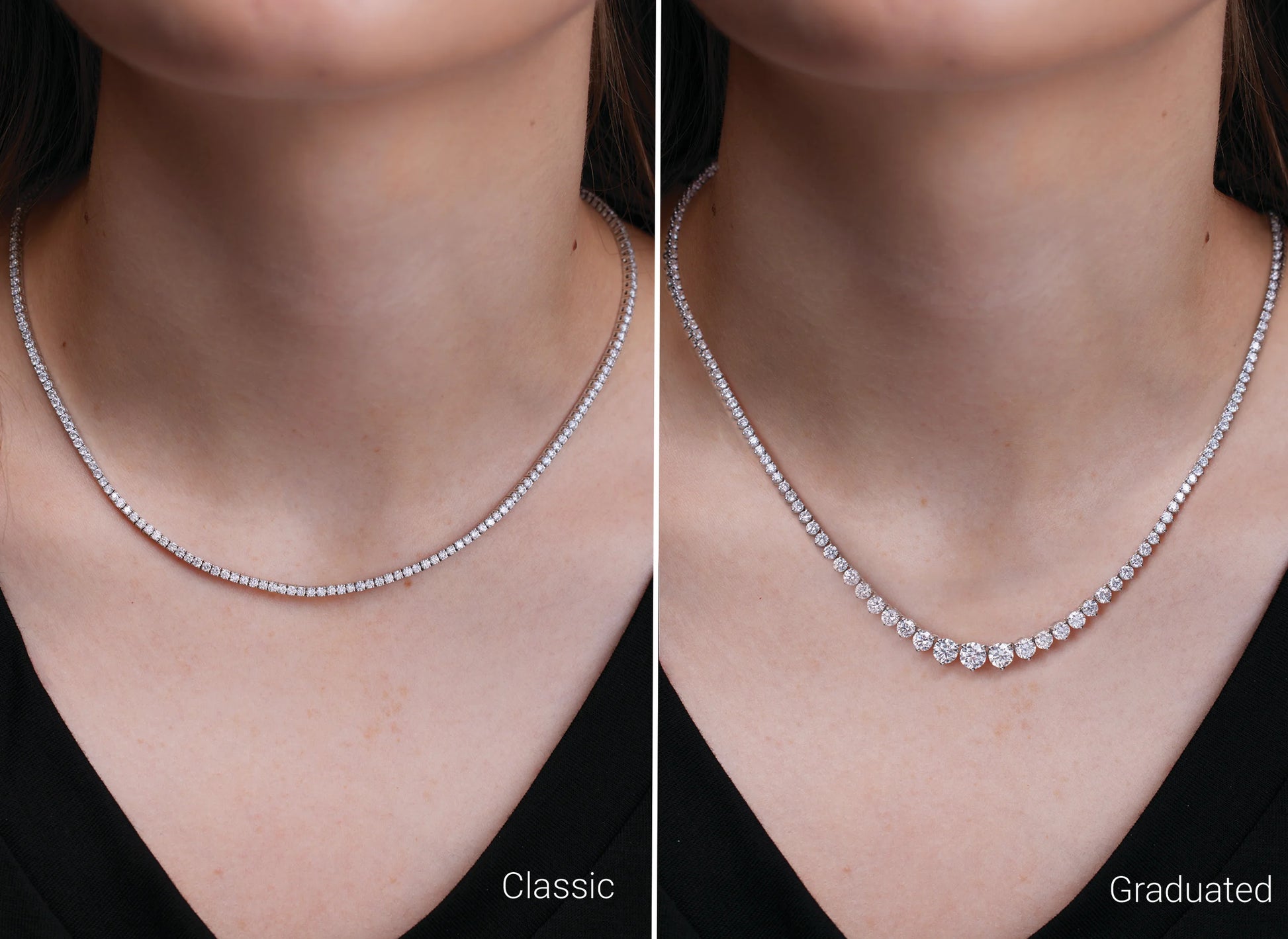 Side-by-side comparison of a diamond necklace labeled 'Classic' and 'Graduated