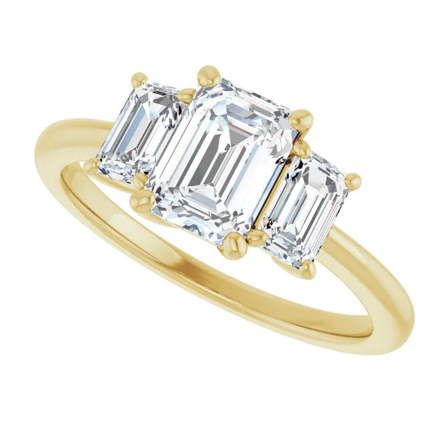 sideway Picture for 3-Stone Emerald Cut Diamond engagement Ring for Women Set in Yellow gold