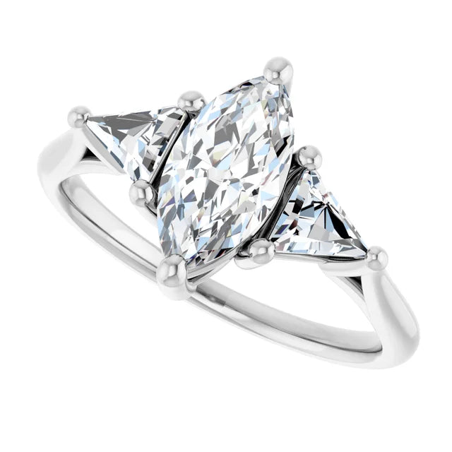 Sideway Picture for 1 CT Marquise and Trillion Three Stone Diamond Engagement Ring for Women Set in White gold or platinum 