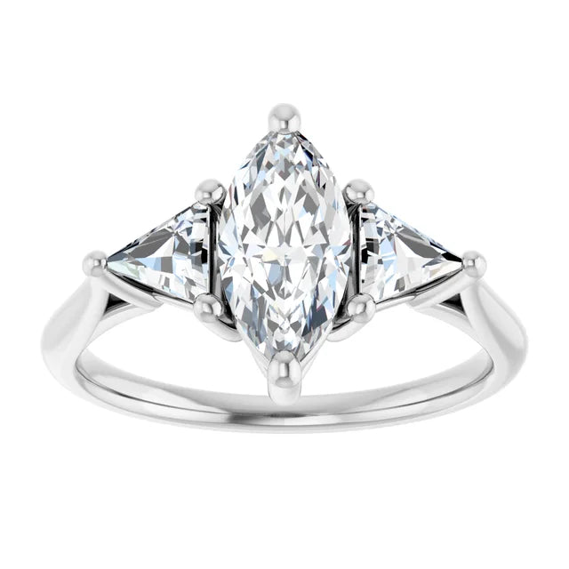 1 CT Marquise and Trillion Three Stone Diamond Engagement Ring for Women Set in white gold or platinum 