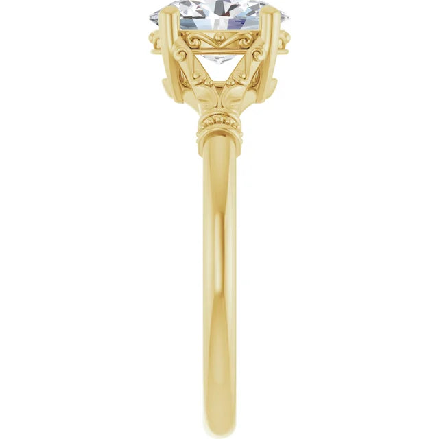 Vintage Style Split Shank Oval Solitaire Diamond Engagement Ring set in yellow gold showing details on the shank 