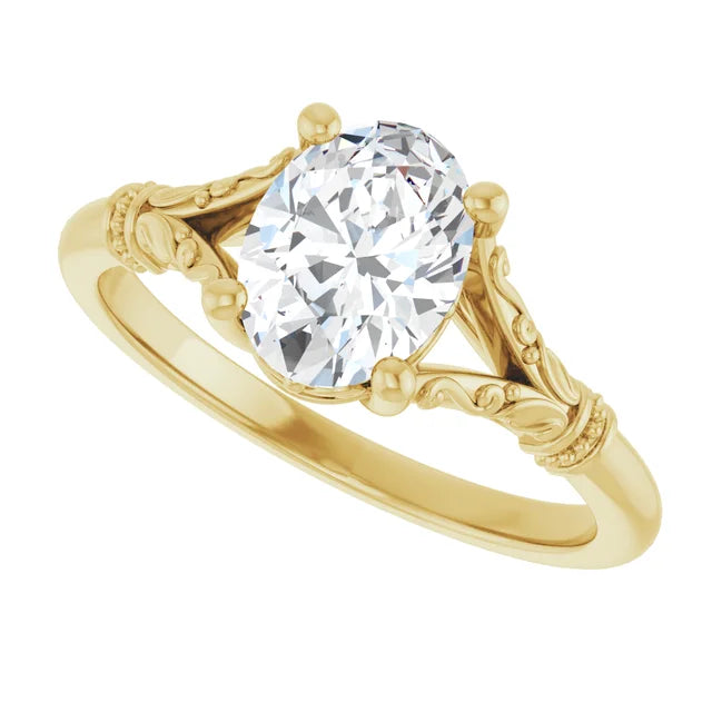 Sideway Picture for Vintage Style Split Shank Oval Solitaire Diamond Engagement Ring Set in Yellow Gold