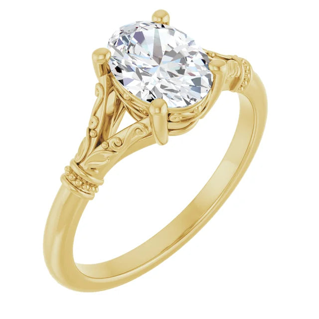 Vintage Style Split Shank Oval Solitaire Diamond Engagement Ring Set in Yellow