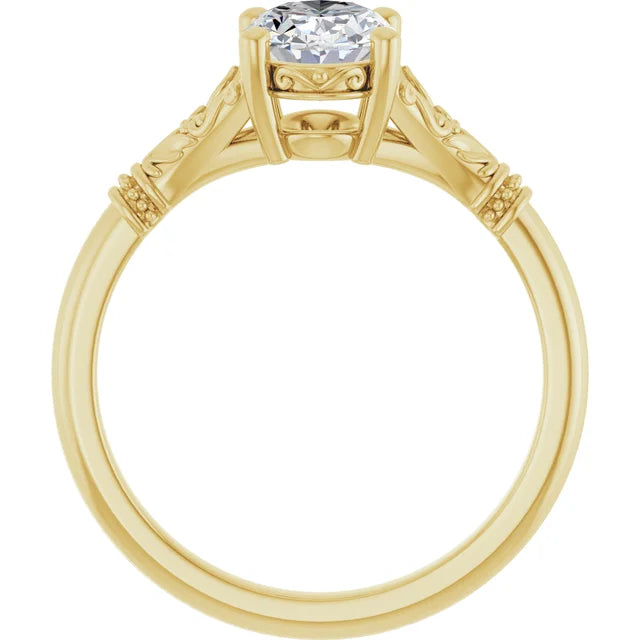 Vintage Style Split Shank Oval Solitaire Diamond Engagement Ring Set in Yellow Gold showing under gallery 