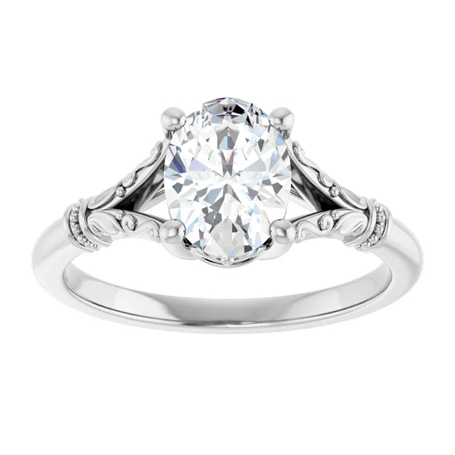 Vintage Style Split Shank Oval Solitaire Diamond Engagement Ring Set in white gold or platinum 