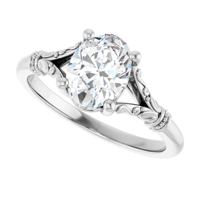 Sideway Picture for 1 CT Vintage Style Split Shank Oval Solitaire Diamond Engagement Ring set in white gold or platinum 