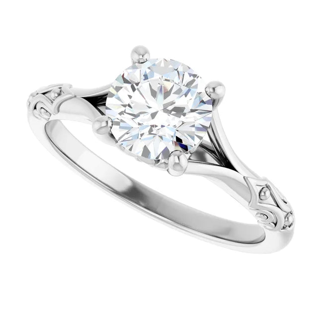 Sideway picture for Vintage inspire Split Shank Round Solitaire Diamond Engagement Ring Set in white gold or platinum 