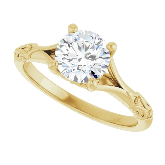 Sideway Picture for Vintage inspire Split Shank Round Solitaire Diamond Engagement Ring Set in Yellow Gold