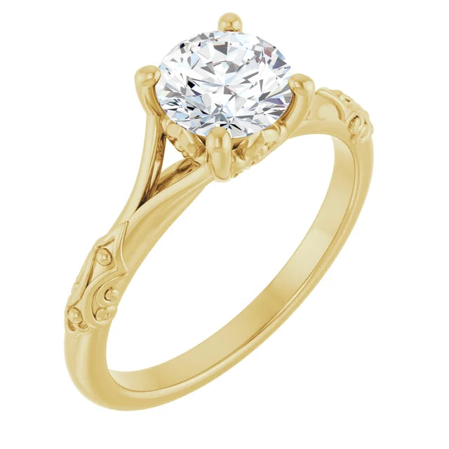 Vintage inspire Split Shank Round Solitaire Diamond Engagement Ring in Yellow Gold