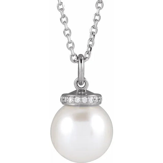 White Gold White Akoya Pearl & Natural Diamond Necklace 