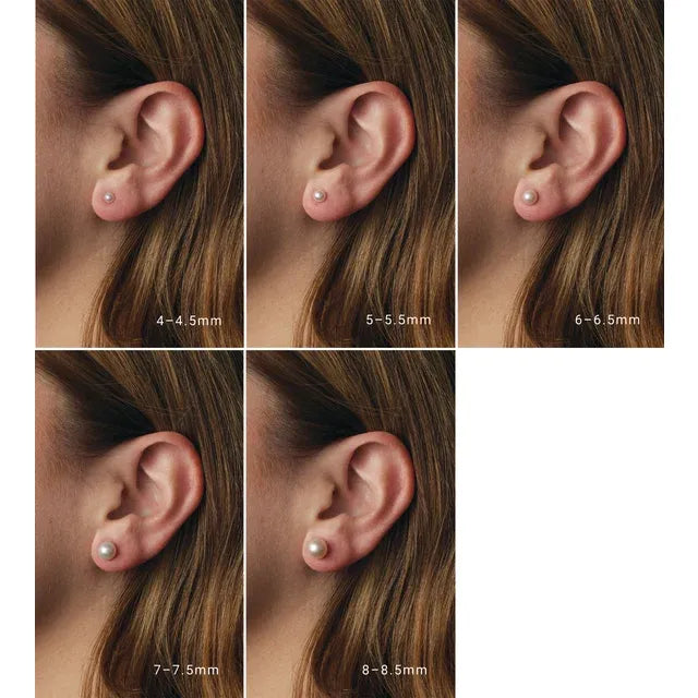 freshwater pearl stud earrings size guide showing 4–4.5 mm, 5–5.5 mm, 6–6.5 mm, 7–7.5 mm, and 8–8.5 mm pearls on ear for size comparison