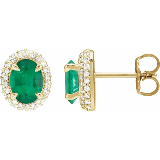14K Yellow Gold Emerald And Diamond Stud Earrings 
