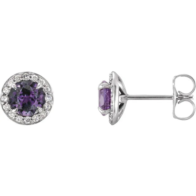 1/8 Carat Natural Diamond Stud Earrings, Personalized with alexandrite birthstone