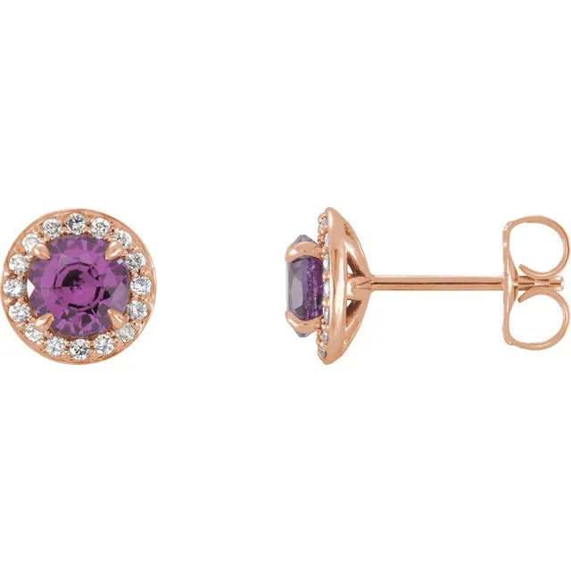 1/8 Carat Natural Diamond Accented 14K Rose Gold Stud Earrings, Personalized with Natural Amethyst 