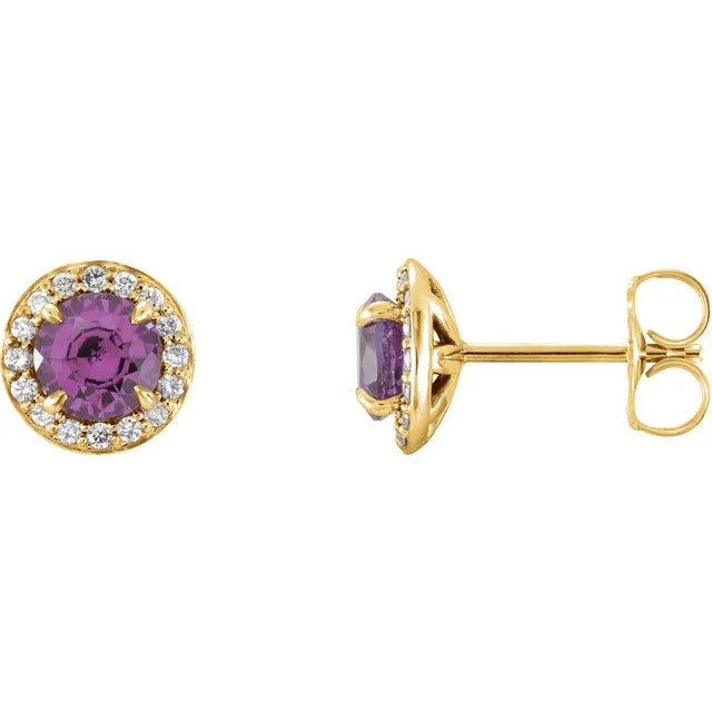 1/8 Carat Natural Diamond Accented 14K Yellow Gold Stud Earrings, Personalized with Natural birthstone Amethyst