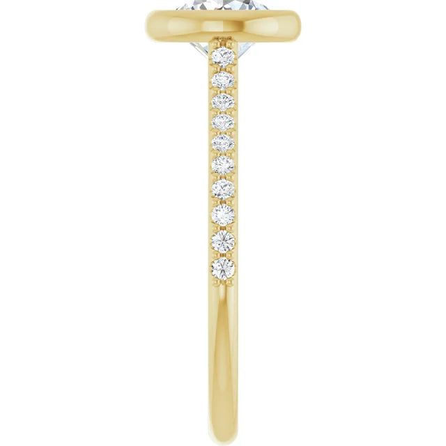 1 1/4 CTW Modern accented Bezel Set Diamond Engagement Ring set in yellow gold showing diamond on Shank 