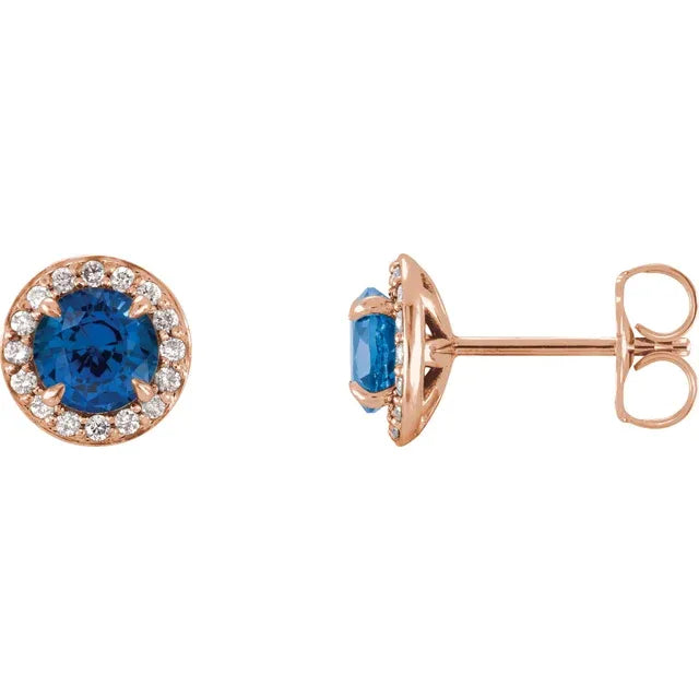 1/8 Carat Natural Diamond Accented 14K Rose Gold Stud Earrings, Personalized with Natural blue sapphire birthstone