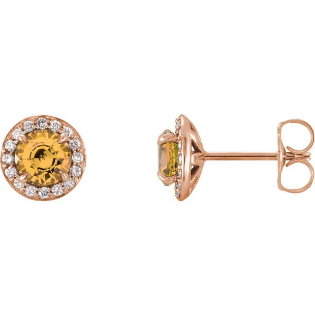 1/8 Carat Natural Diamond 14K Rose Gold Stud Earrings, with natural citrine birthstone