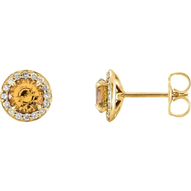 1/8 Carat Natural Diamond 14K Yellow Gold Stud Earrings, with natural citrine birthstone center stone