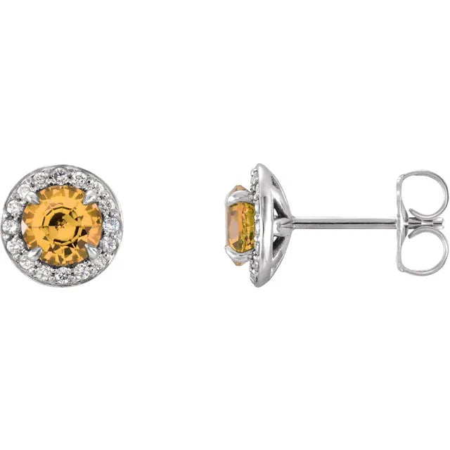 1/8 Carat Natural Diamond 14K White Gold Stud Earrings, with natural citrine center birthstone