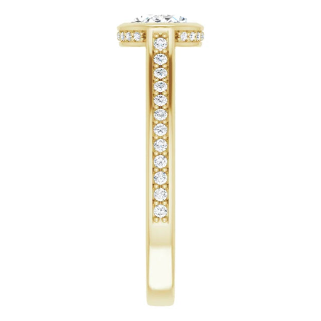 1 1/4 CTW East west Hidden Halo Oval Diamond Engagement Ring Set in Yellow gold showing Diamond on the Shank