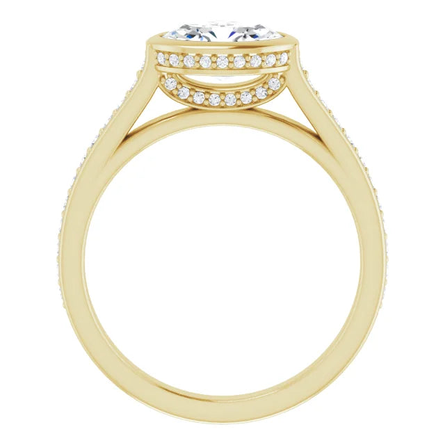 1 1/4 CTW East west Hidden Halo Oval Diamond Engagement Ring set in yellow gold showing under gallery 