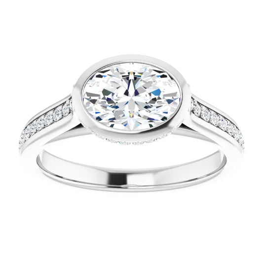1 1/4 CTW East west Hidden Halo Oval Diamond Engagement Ring Set with accented Shank set in white gold or platinum 