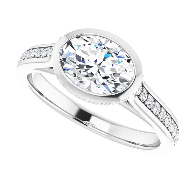 Sideway Picture for 1 1/4 CTW East west Hidden Halo Oval Diamond Engagement Ring Set with accented Shank Set in White gold or platinum 